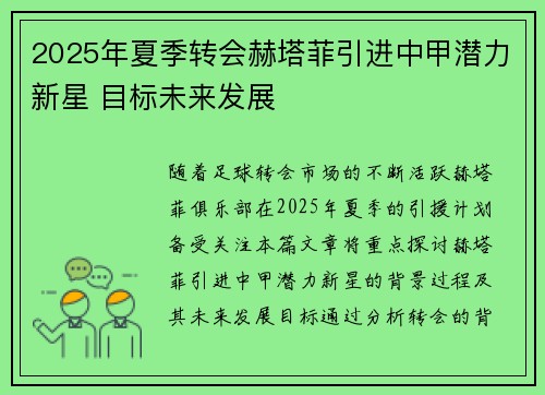 2025年夏季转会赫塔菲引进中甲潜力新星 目标未来发展
